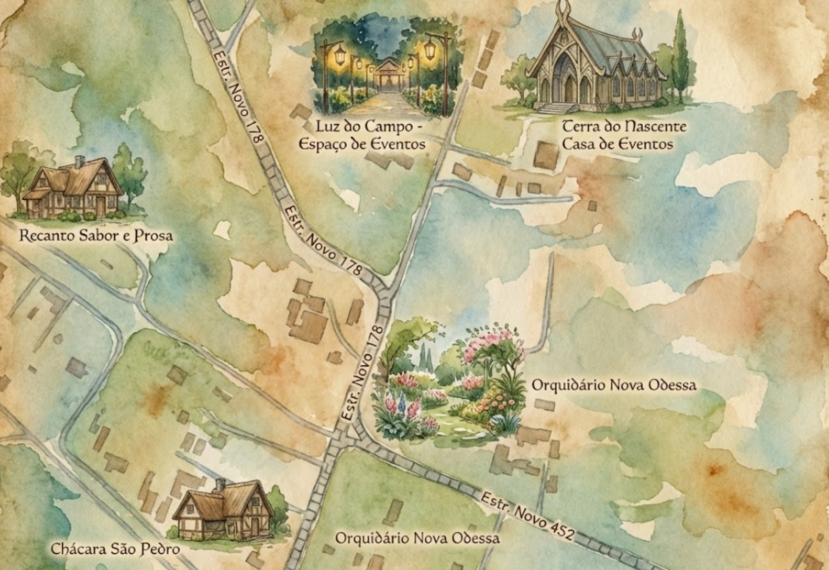 Mapa ilustrado em aquarela da região de Terra do Nascente